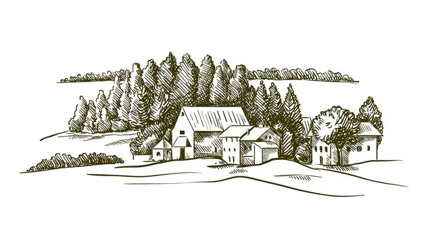 Köy evleri ve tarım arazileri. Gri arkaplanda elle çizilmiş bir çizim