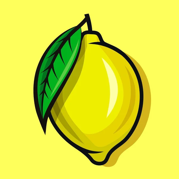Zralý citrón na větvi se zeleným listem. Plochá ilustrace na žluté — Stockový vektor