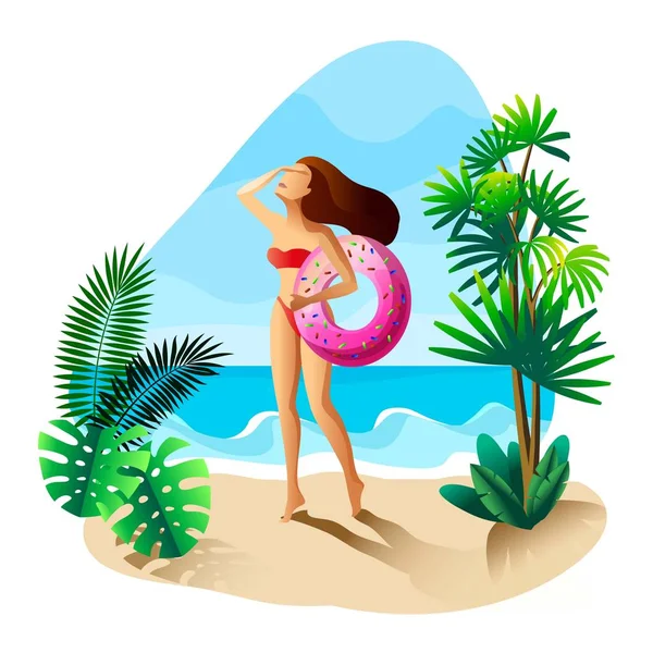 年轻女孩在海滩上放松。海岸， 棕榈树， 天空 — 图库矢量图片