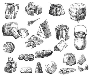 doğal süt ve et ürünleri. beyaz bir vektör çizimleri kümesi