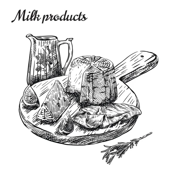 Přírodních mléčných výrobků. sada vektorových náčrtků na bílém — Stockový vektor