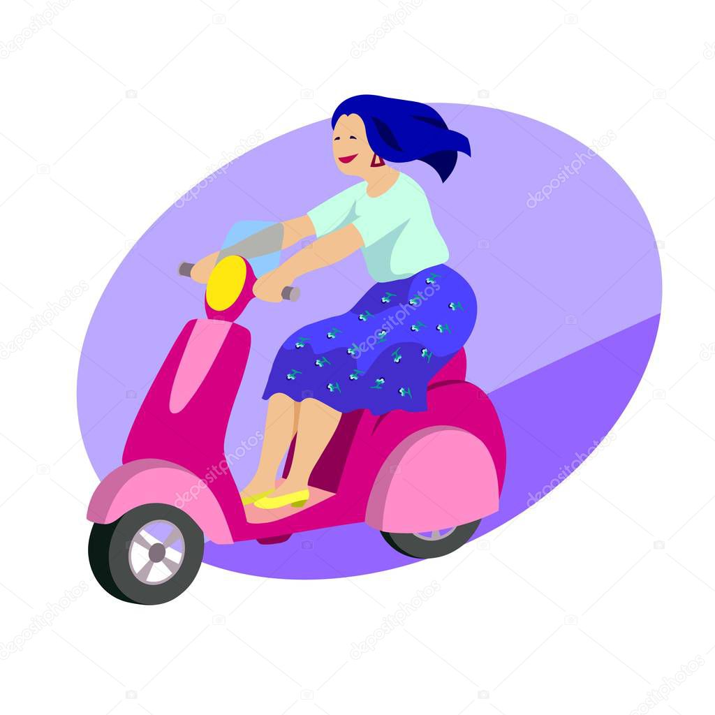happy girl riding a scooter. color illustration on a white