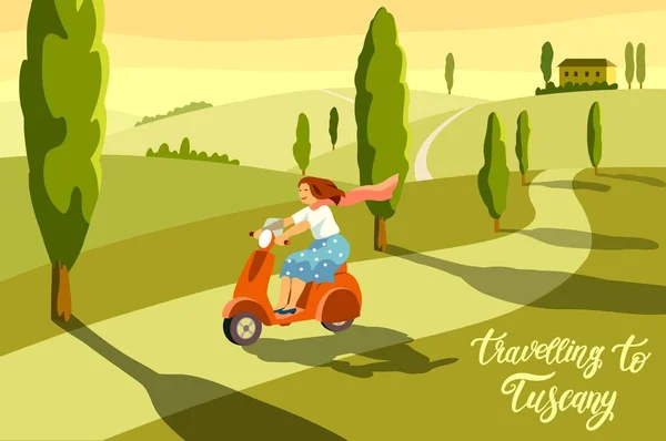快乐的女孩骑着摩托车在自然的背景 — 图库矢量图片