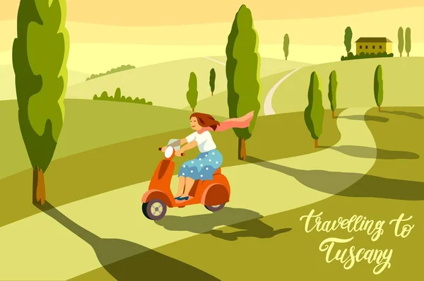 Chica feliz montando un scooter en el fondo de la naturaleza — Vector de stock