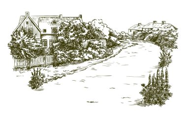 Köy evleri ve tarım arazileri. Gri arkaplanda elle çizilmiş bir çizim