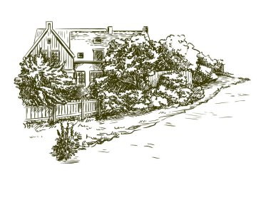 Köy evleri ve tarım arazileri. Gri arkaplanda elle çizilmiş bir çizim