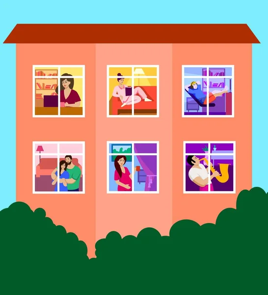 Appartementenhuis. activiteiten tijdens de periode van zelfisolatie. kleur vector illustratie — Stockvector