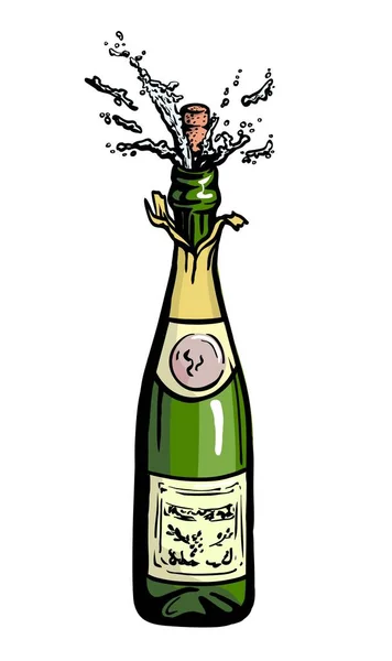 Flasche Champagner zum Zeitpunkt der Eröffnung. Farb-Vektorillustration auf weißem Hintergrund — Stockvektor