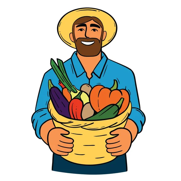Homme au chapeau tenant panier plein de légumes illustration plate. agriculteur et sa récolte — Image vectorielle