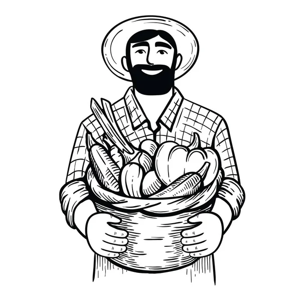 Homme au chapeau tenant panier plein de légumes illustration plate. agriculteur et sa récolte — Image vectorielle