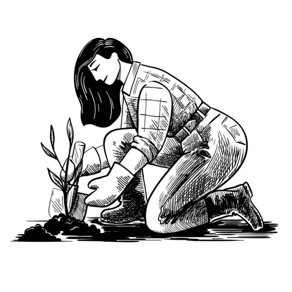 소녀들은 평평 한 땅에 식물을 심는다. 직장에서 일하는 정원사 — 스톡 벡터
