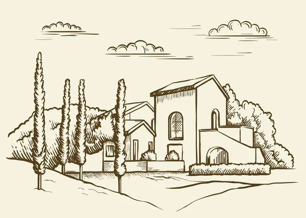 Casas de aldeia e terras agrícolas. esboço desenhado à mão sobre um fundo cinzento —  Vetores de Stock