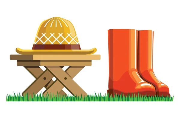 Trädgård korgvide hatt ligger på ett träbord platt illustration. röda gummistövlar står på grönt gräs — Stock vektor