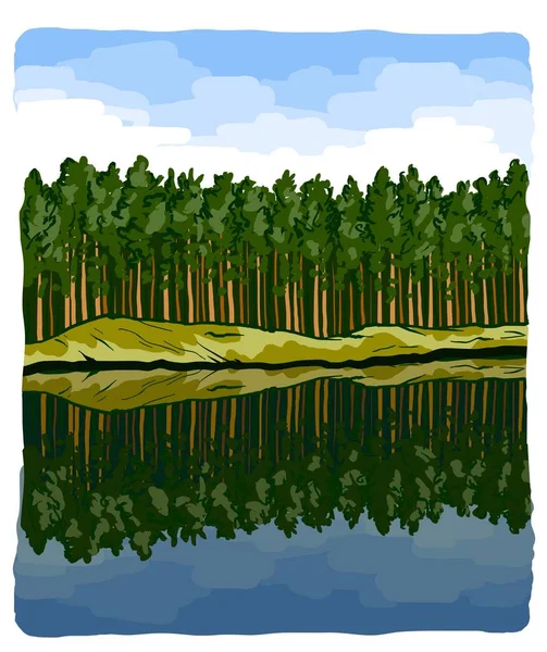 Hermoso paisaje natural. pinos altos a orillas de un río de montaña — Vector de stock