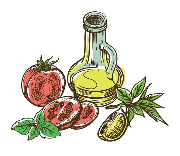 Ντομάτα, φέτα λεμόνι και μια κανάτα ελαιόλαδο. διανυσματικό σκίτσο σε λευκό φόντο — Διανυσματικό Αρχείο