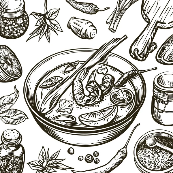 Prato com sopa tom inhame e ingredientes para a sua preparação. conjunto de esboços vetoriais no fundo branco —  Vetores de Stock