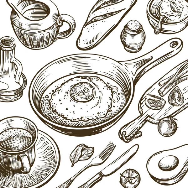 Produits naturels pour un bon petit déjeuner. nourriture et plats sur la table. jeu de croquis vectoriels — Image vectorielle