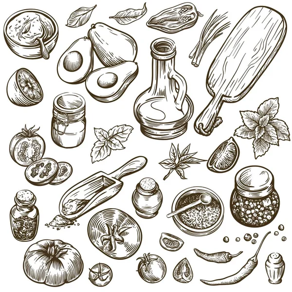 Çeşitli yemekler ve sofra hazırlamak için gerekli malzemeler. Doğal ürünler. Beyaz arkaplanda bir dizi çizim — Stok Vektör