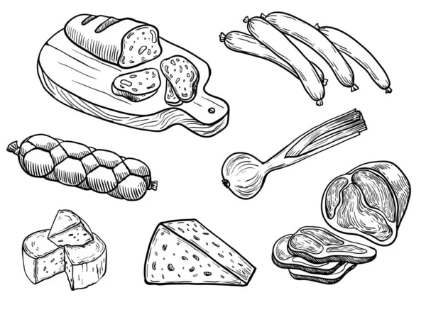 Çeşitli yemekler ve sofra hazırlamak için gerekli malzemeler. Doğal ürünler. Beyaz arkaplanda bir dizi çizim — Stok Vektör