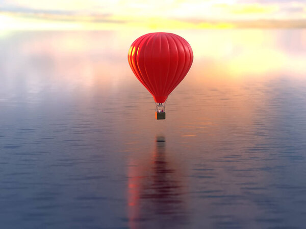 hot air balloon flies over water