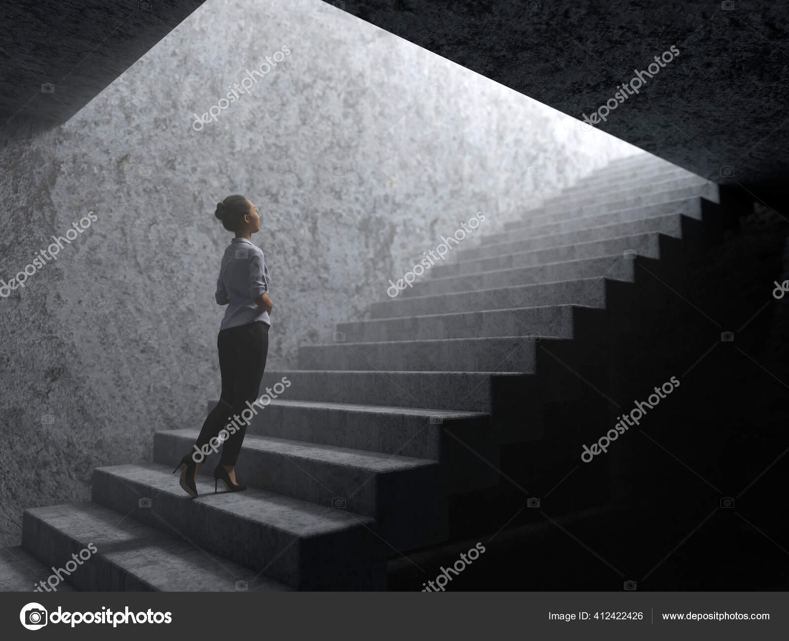 Woman Climbs Stairs Darkness Light Stock Photo by ©mike_kiev 412422426