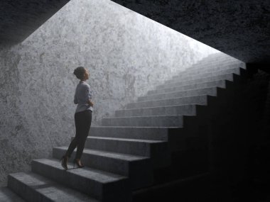 woman climbs the stairs from darkness to light clipart