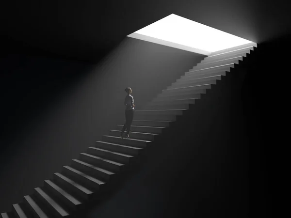 Kadın Karanlıktan Aydınlığa Merdivenleri Tırmanır — Stok fotoğraf