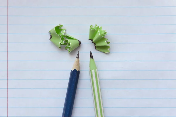 Two Pencils Shavings Notebook — Stock Photo, Image