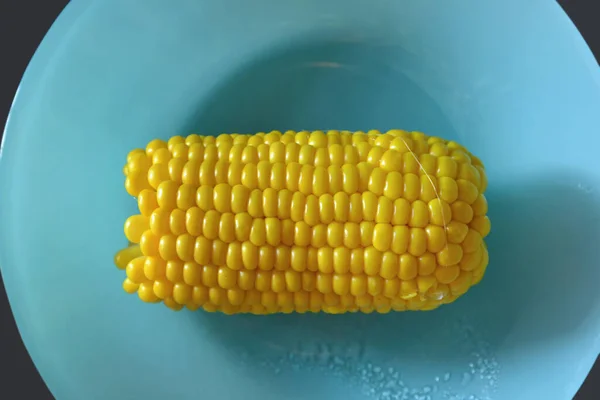 Főtt Kukorica Egy Kék Tányéron — Stock Fotó