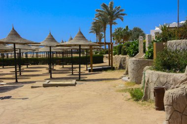 Sharm el-Sheikh, Mısır - 14 Mart 2018. Bir dizi karşı bir mavi gökyüzü ve mavi deniz kumlu bir plaj üzerinde aşırı ısınma karşı korumak için hasır şemsiyeler. Yaz tatil, turizm, seyahat kavramı.
