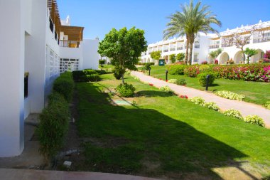 Sharm el-Sheikh, Mısır - 14 Mart 2018. Bir yaz gününde mükemmel bir beyaz otel avlusu. Turizm, tatil ve lüks eğlence kavramı. Cyrene Grand otel konaklama