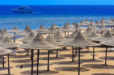 Sharm el-Sheikh, Mısır - 14 Mart 2018. Bir dizi karşı bir mavi gökyüzü ve mavi deniz kumlu bir plaj üzerinde aşırı ısınma karşı korumak için hasır şemsiyeler. Yaz tatil, turizm, seyahat kavramı.
