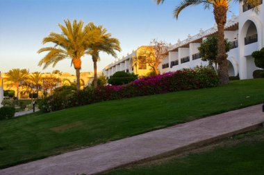 Sharm el-Sheikh, Mısır - 14 Mart 2018. Gecenin mükemmel bir beyaz otel avlusu. Güneş doğuyor. Kavram Turizm, tatil ve lüks eğlence. Cyrene Grand otel konaklama