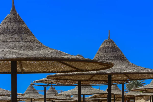 Hasır şemsiyeler aşırı ısınma ve mavi gökyüzü ve mavi denizin karşı bir kumlu plajda şezlong karşı korumak için bir satır. Yaz tatil, turizm, seyahat kavramı.