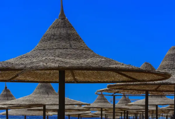 Hasır şemsiyeler aşırı ısınma ve mavi gökyüzü ve mavi denizin karşı bir kumlu plajda şezlong karşı korumak için bir satır. Yaz tatil, turizm, seyahat kavramı.