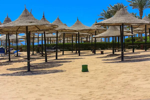 Sharm el-Sheikh, Mısır - 14 Mart 2018. Bir dizi karşı bir mavi gökyüzü ve mavi deniz kumlu bir plaj üzerinde aşırı ısınma karşı korumak için hasır şemsiyeler. Yaz tatil, turizm, seyahat kavramı.
