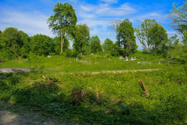 Viejo Cementerio Abandonado Cruces Tumbas Cubiertas Hierba Alta Contra Telón — Foto de Stock