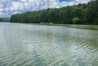 Manzara çevrili ağaçlar ve kıyı ve mavi gökyüzünde bulutlar karşı uzak ufuk sazlık nehir ortasından güzel bir görüntüsü. Yansıma, su, Turizm hedef