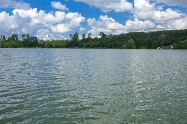 Beautiful Image Landscape Center River Surrounded Trees Reeds Shore Distant — Stock Photo, Image