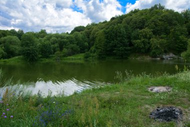 Yoluyla ve liken ve moss bir arka plan mavi bir gökyüzü ve yeşil bitki örtüsü ile kaplı kaya şelale Nehri akar.