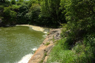 Yoluyla ve liken ve moss bir arka plan mavi bir gökyüzü ve yeşil bitki örtüsü ile kaplı kaya şelale Nehri akar.