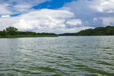 Manzara çevrili ağaçlar ve kıyı ve mavi gökyüzünde bulutlar karşı uzak ufuk sazlık nehir ortasından güzel bir görüntüsü. Yansıma, su, Turizm hedef