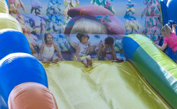 Zarechany Ukraine June 2018 Children Play Inflatable Carousel Meeting Residents — Stock Photo, Image