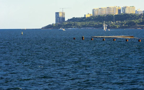 Magnífico Panorama Vista Mar Para Faixa Costeira Cidade Antes Pôr — Fotografia de Stock