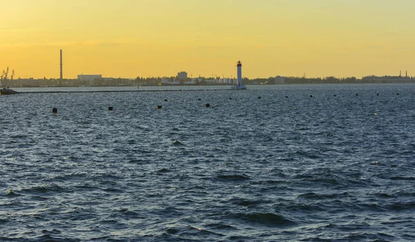 Magnificent Panorama View Sea Coastal Strip City Sunset Soft Sunlight — Stock Photo, Image