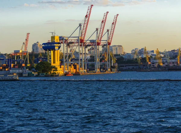 Odessa Ukraina Augusti 2018 Stora Arbetande Kranar För Lastning Containerfartyg — Stockfoto