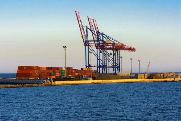 Odessa Ukraine August 2018 Big Working Cranes Loading Containerships Various — Stock Photo, Image