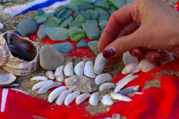 Sea shells - a variety of sea shells from the beach. Shells, sea colored stones on a red towel on the sand. Summer beach background. View from above. Decorative composition is flat.