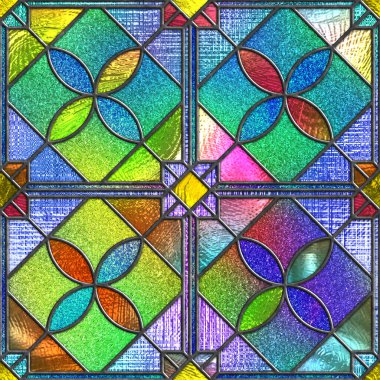 Pencereler için geometrik desenli lekelenmemiş cam, renkli cam, 3D illüstrasyon
