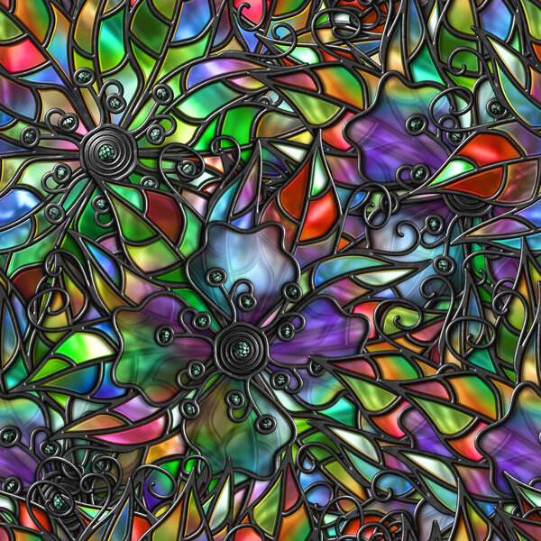 Stained glass seamless texture with flowers pattern for window, colored glass,  3d illustration
